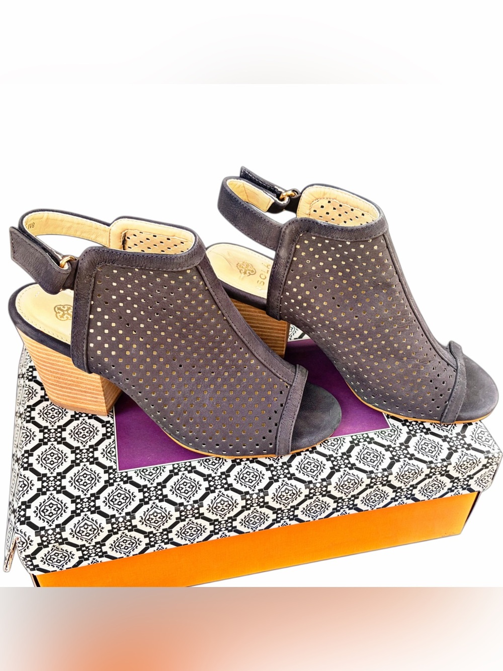Perforated Leather Block Heel Sandals